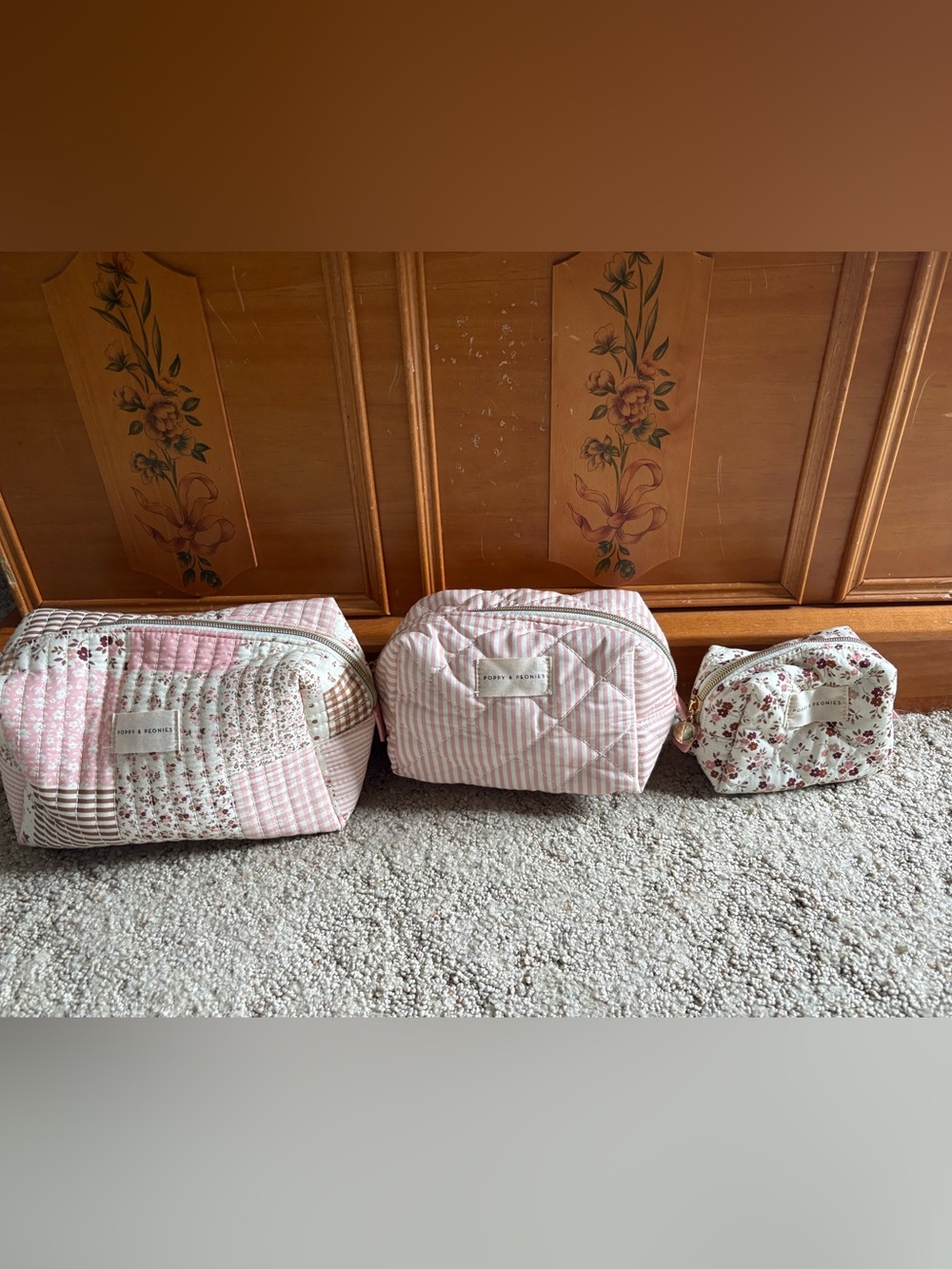 Poppy & Peonies Pink Quilted Stripe Cosmetic Bag